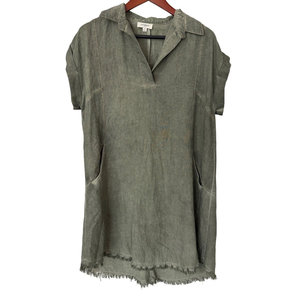 Umgee USA Olive Green Mineral Wash Frayed Hem Tunic Shift Dress Womens Medium